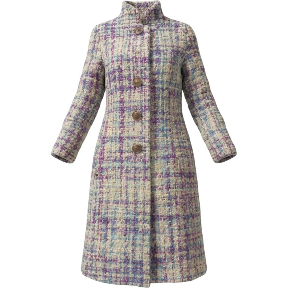 Gus Mayer Tweed Coat Womens Vintage Purple Blue Plaid Mod Longline‎ Funnel Neck